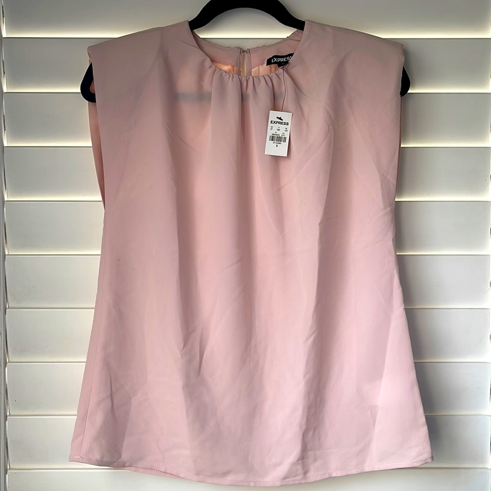 Express Gathered Neck Padded Shoulder Top in Truffle Pink Color